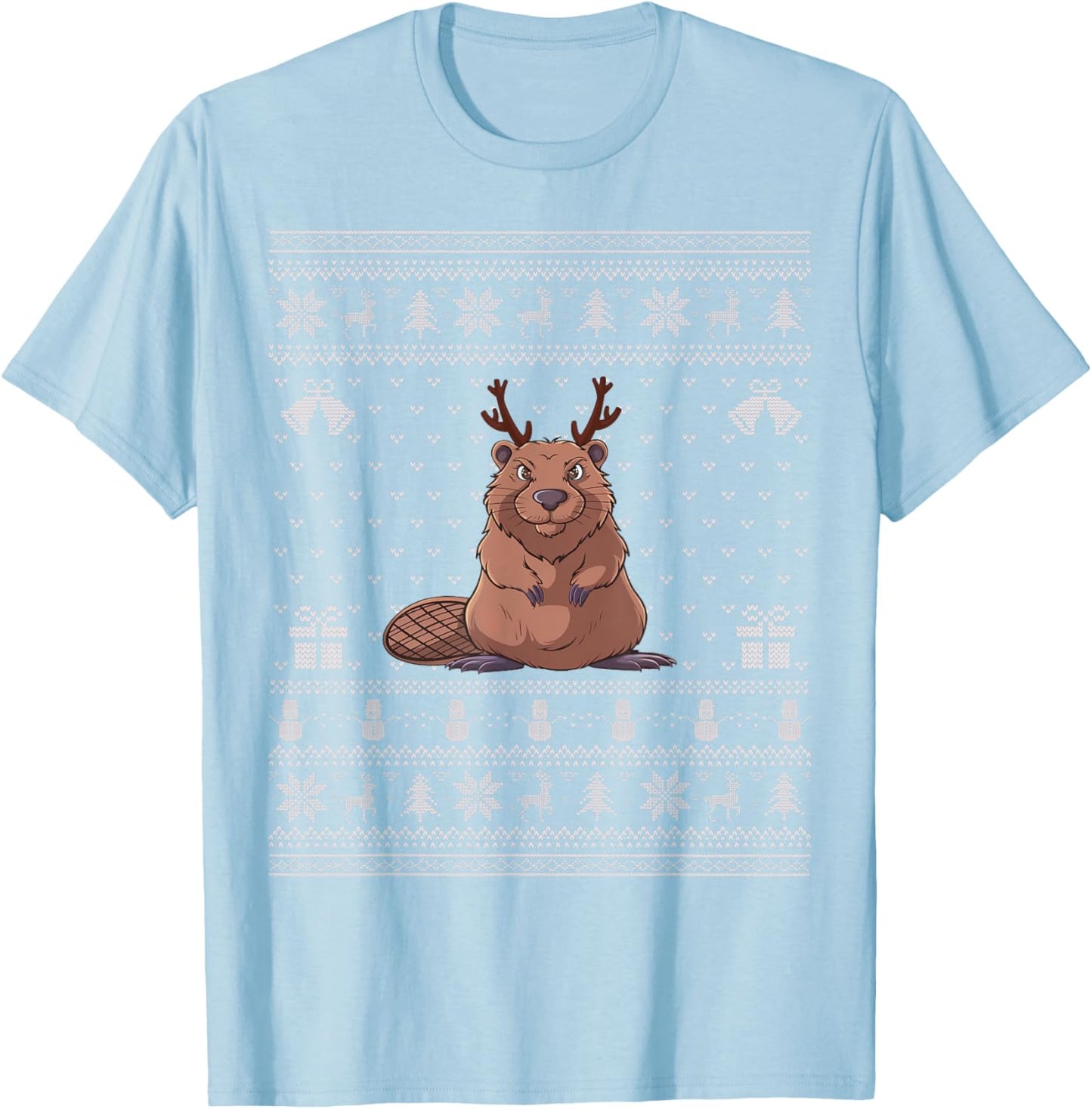 Ugly Xmas Sweater Style Beaver Reindeer Christmas T-Shirt - T-Shirt | Light Blue