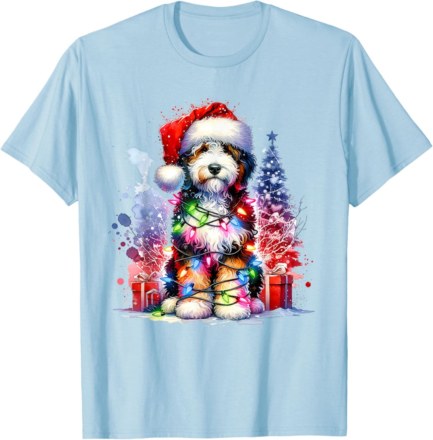 Festive Bernedoodle Dog Santa Hat Christmas Tree Lights Women Kids T-Shirt - T-Shirt | Light Blue