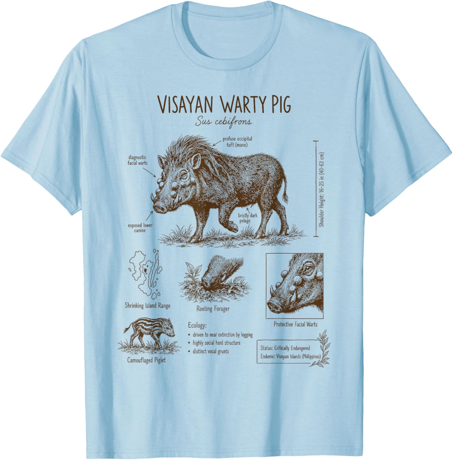 Visayan Warty Pig Anatomy Detailed Philippine Wildlife T-Shirt - T-Shirt | Light Blue