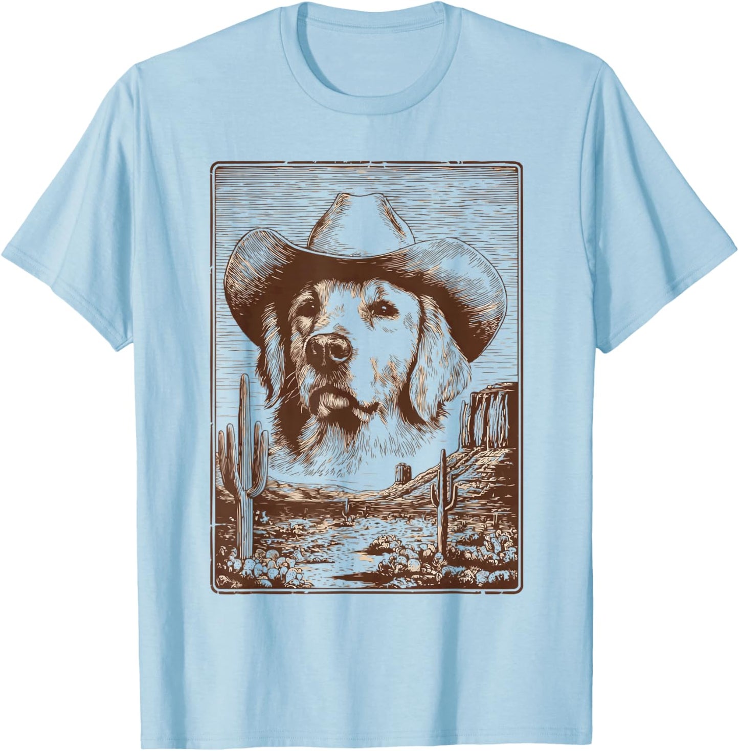 Cute Golden Retriever Dog Western Desert Vibes Rancher Rodeo T-Shirt - T-Shirt | Light Blue