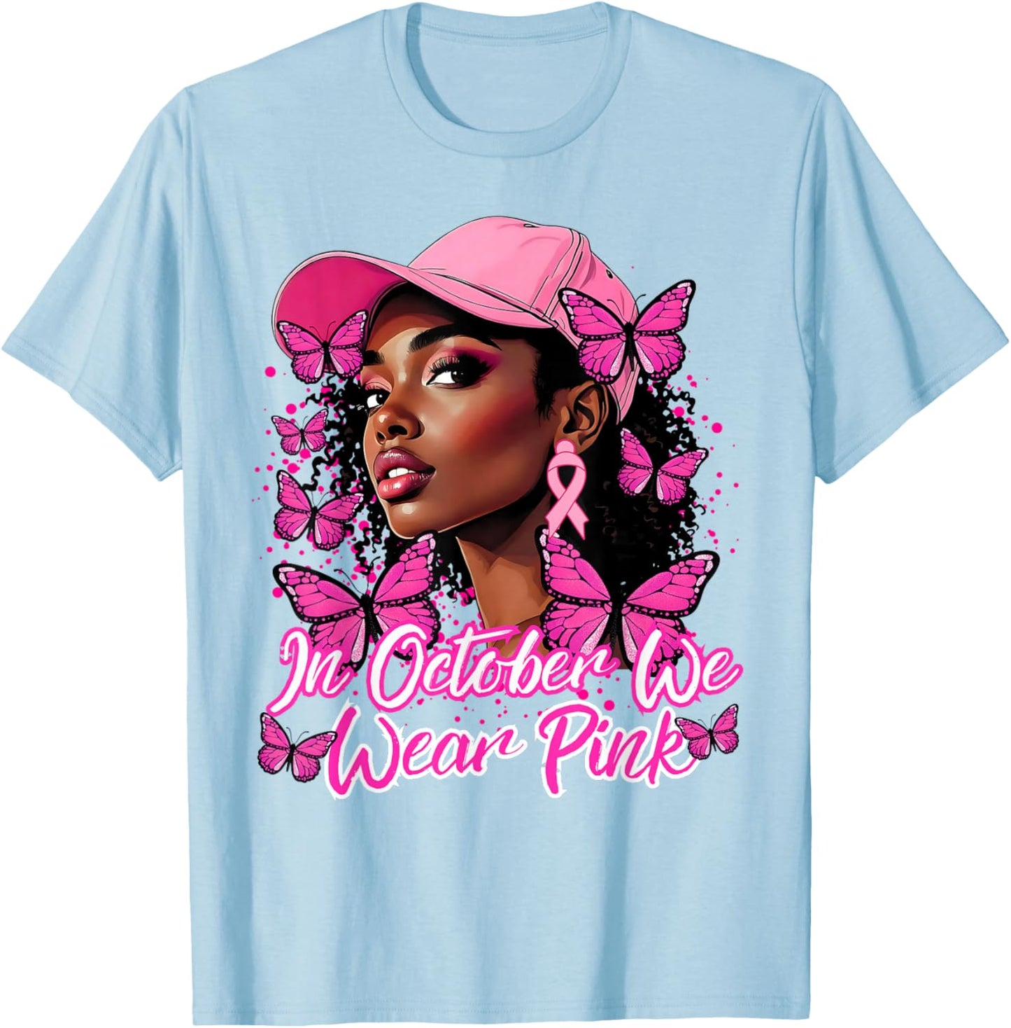 We Wear Pink in October Black Women Breast Cancer Butterfly T-Shirt - T-Shirt | Light Blue
