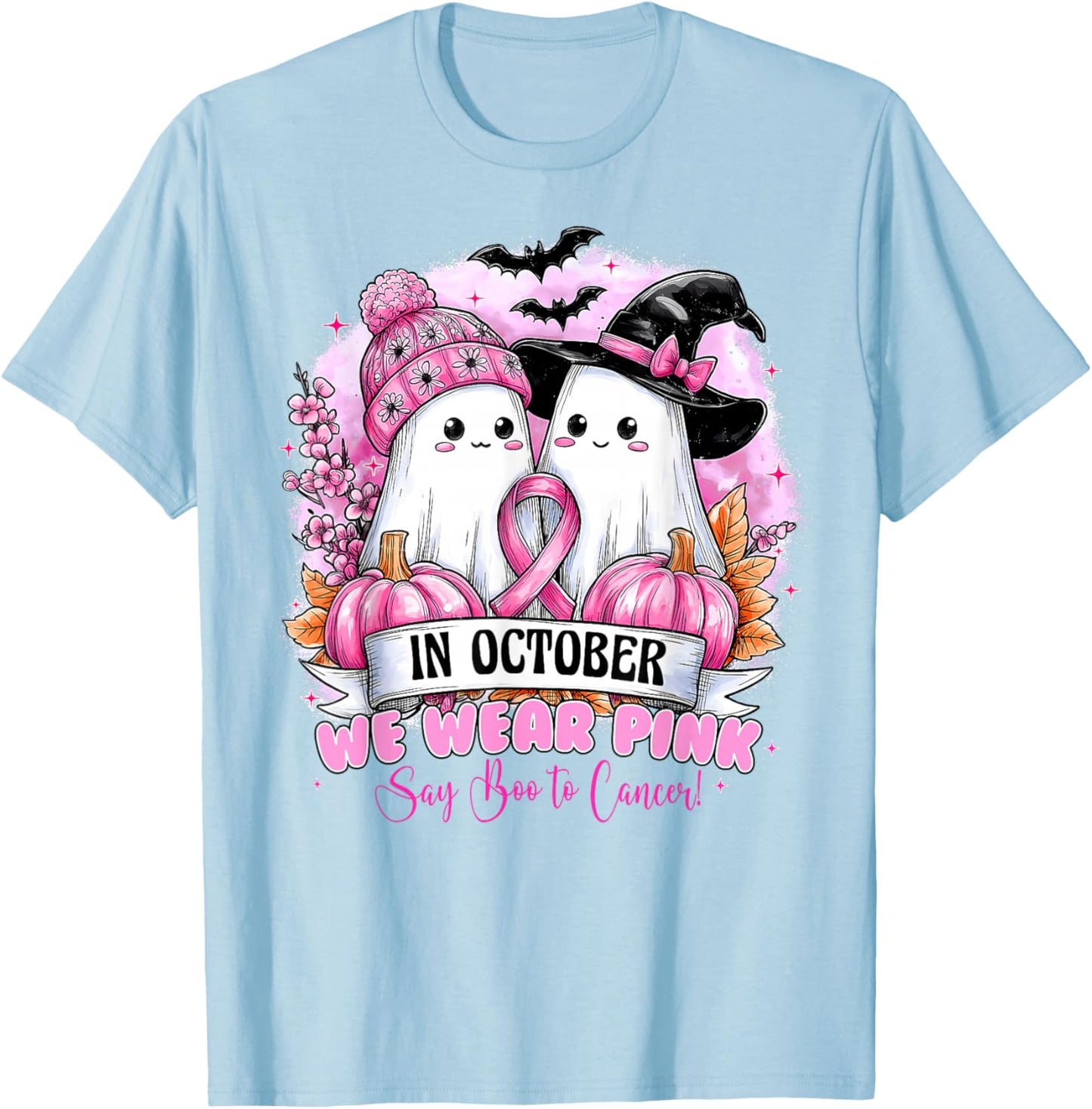 in October We Wear Pink Ghost Halloween Breast Cancer Women T-Shirt - T-Shirt | Light Blue