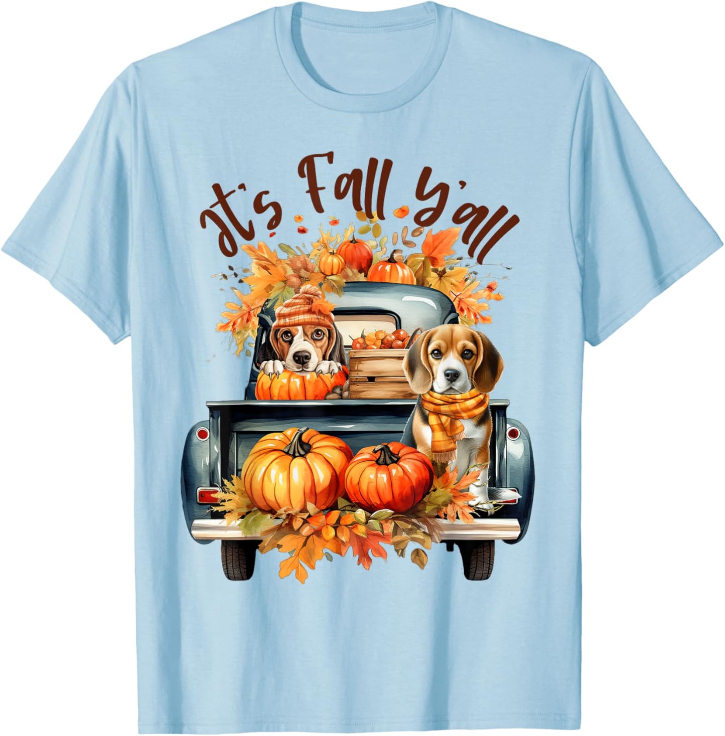 It’s Fall Y’all Beagle Dogs Pumpkins Truck Autumn Season T-Shirt - T-Shirt | Light Blue