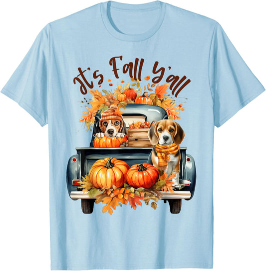 It’s Fall Y’all Beagle Dogs Pumpkins Truck Autumn Season T-Shirt - T-Shirt | Light Blue