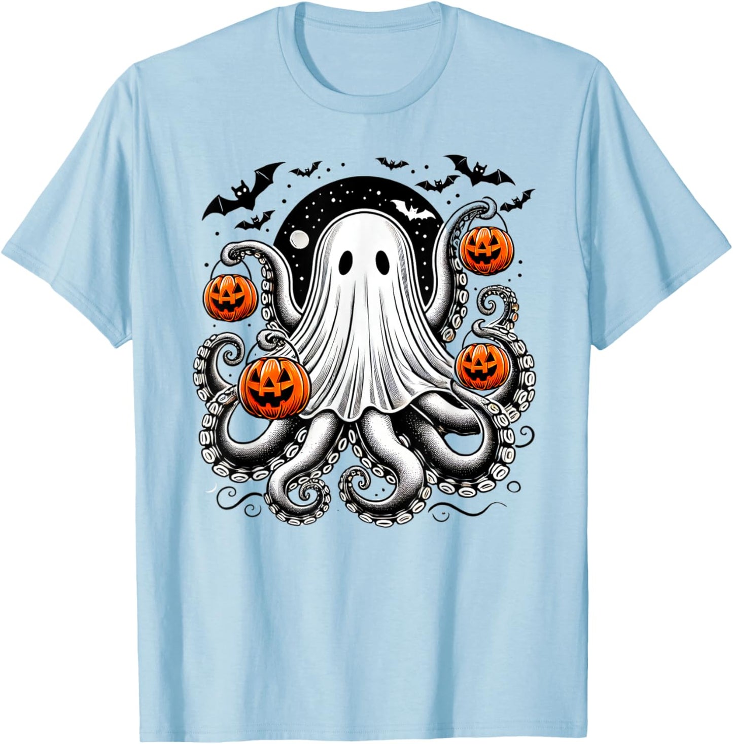 Spooky Tentacled Ghost Octopus - Halloween Kraken Pumpkins T-Shirt - T-Shirt | Light Blue