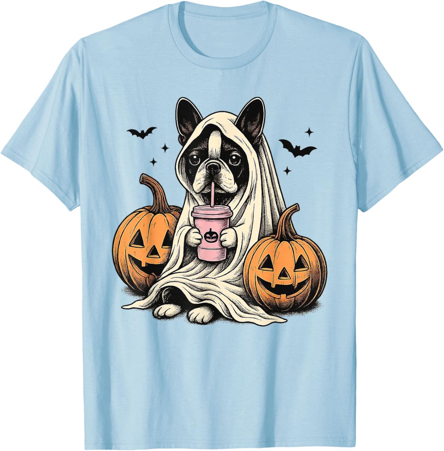 Halloween Boston Terrier Ghost T-Shirt - T-Shirt | Light Blue