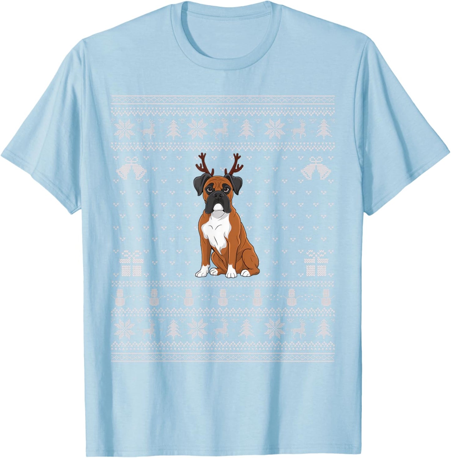Ugly Xmas Sweater Style Boxer Dog Reindeer Christmas Women Kids T-Shirt - T-Shirt | Light Blue