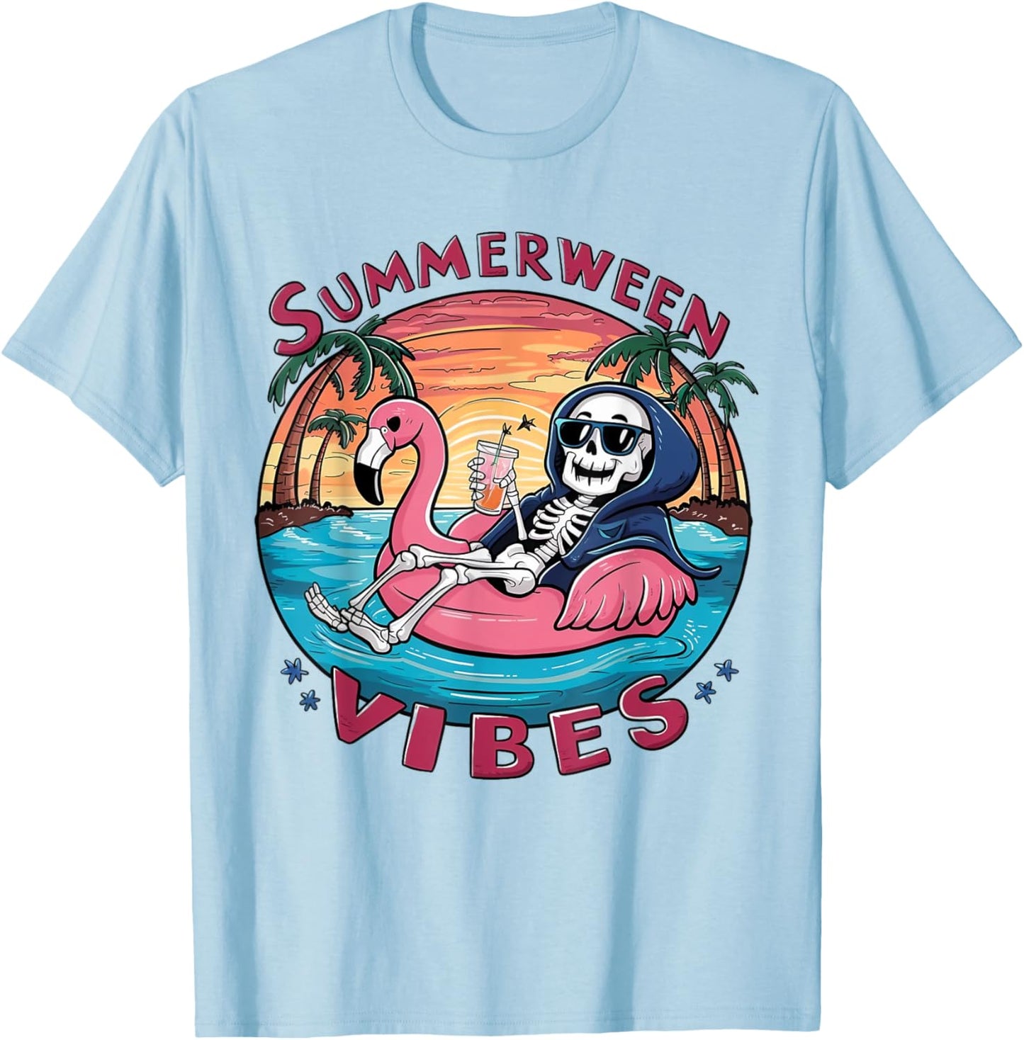 Summerween Vibes Halloween Summer Fun Flamingo Skeleton T-Shirt - T-Shirt | Light Blue