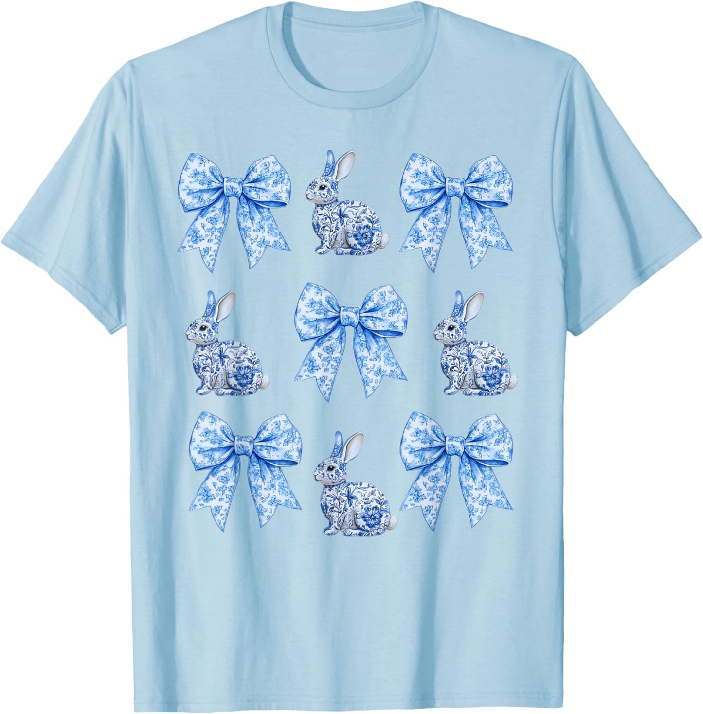 Easter Chinoiserie Floral Bunny with Cute Blue Bow Coquette T-Shirt - T-Shirt | Light Blue
