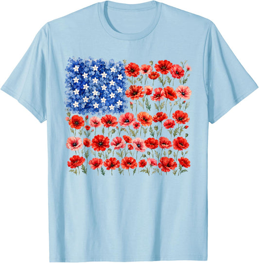 Red Poppy Flower American Flag Memorial Day Poppies T-Shirt - T-Shirt | Light Blue