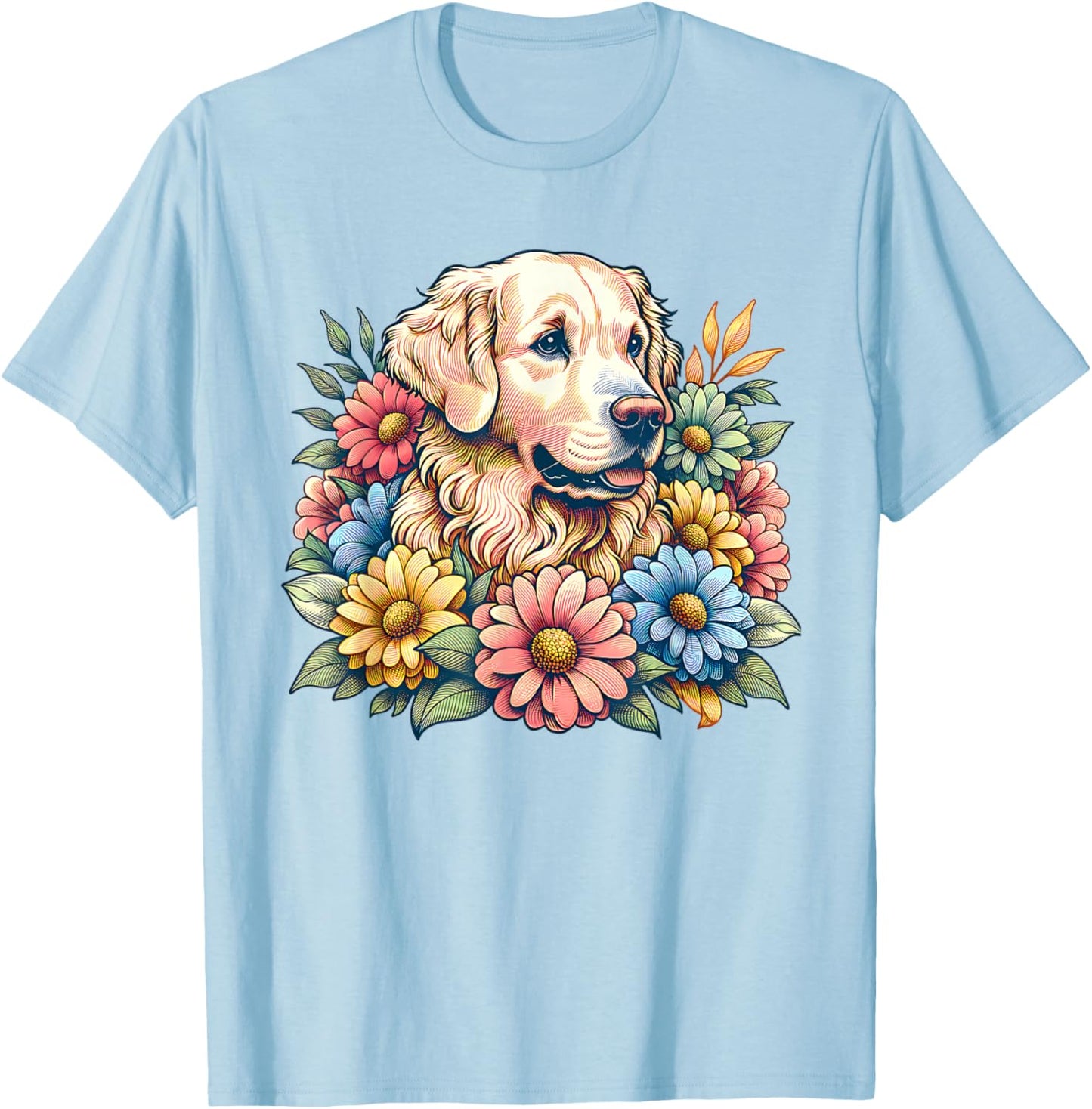 Golden Retriever Dog Summer Flowers Women T-Shirt - T-Shirt | Light Blue