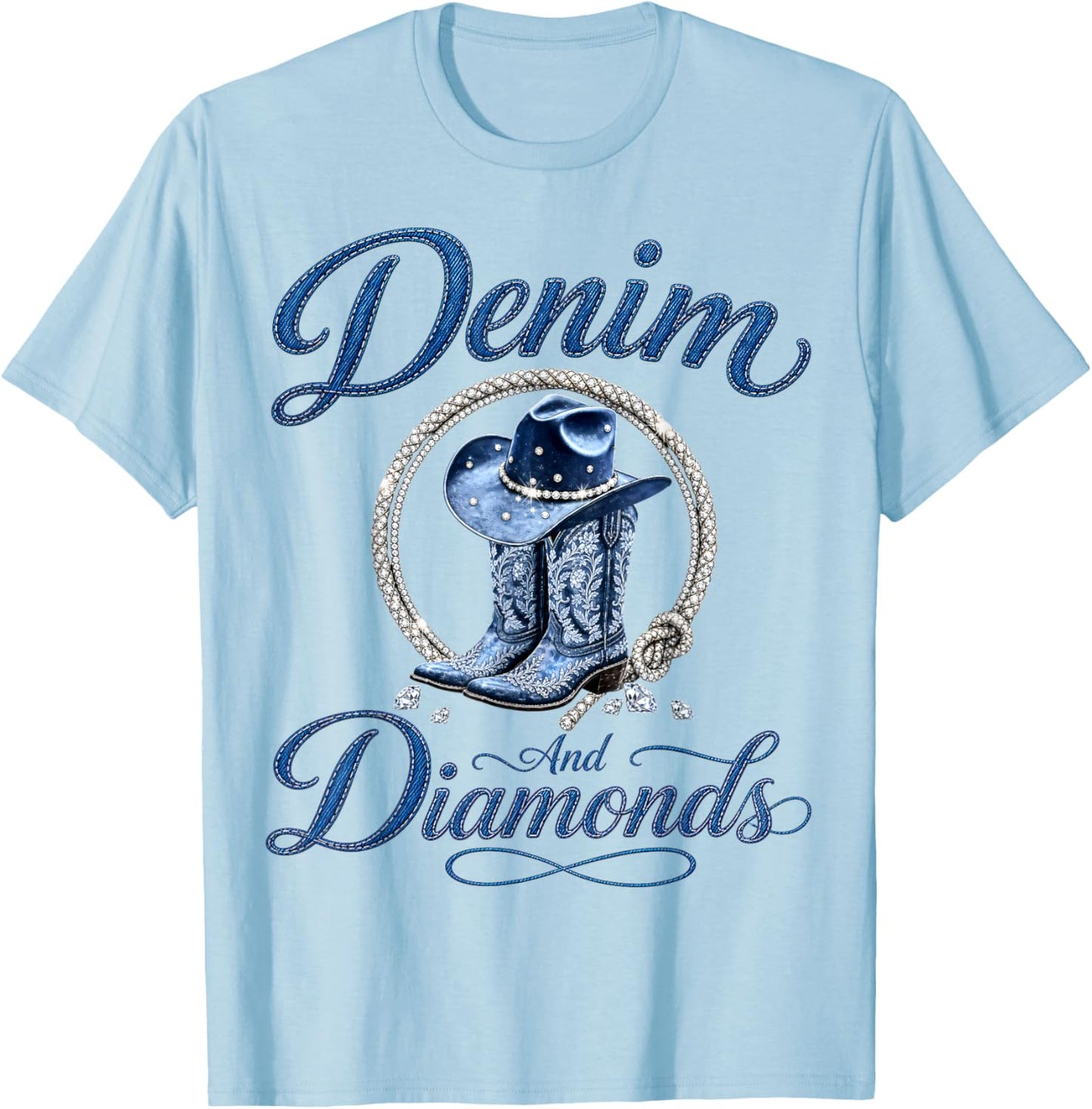 Denim and Diamonds Western Cowgirl Women Men Girls T-Shirt - T-Shirt | Light Blue
