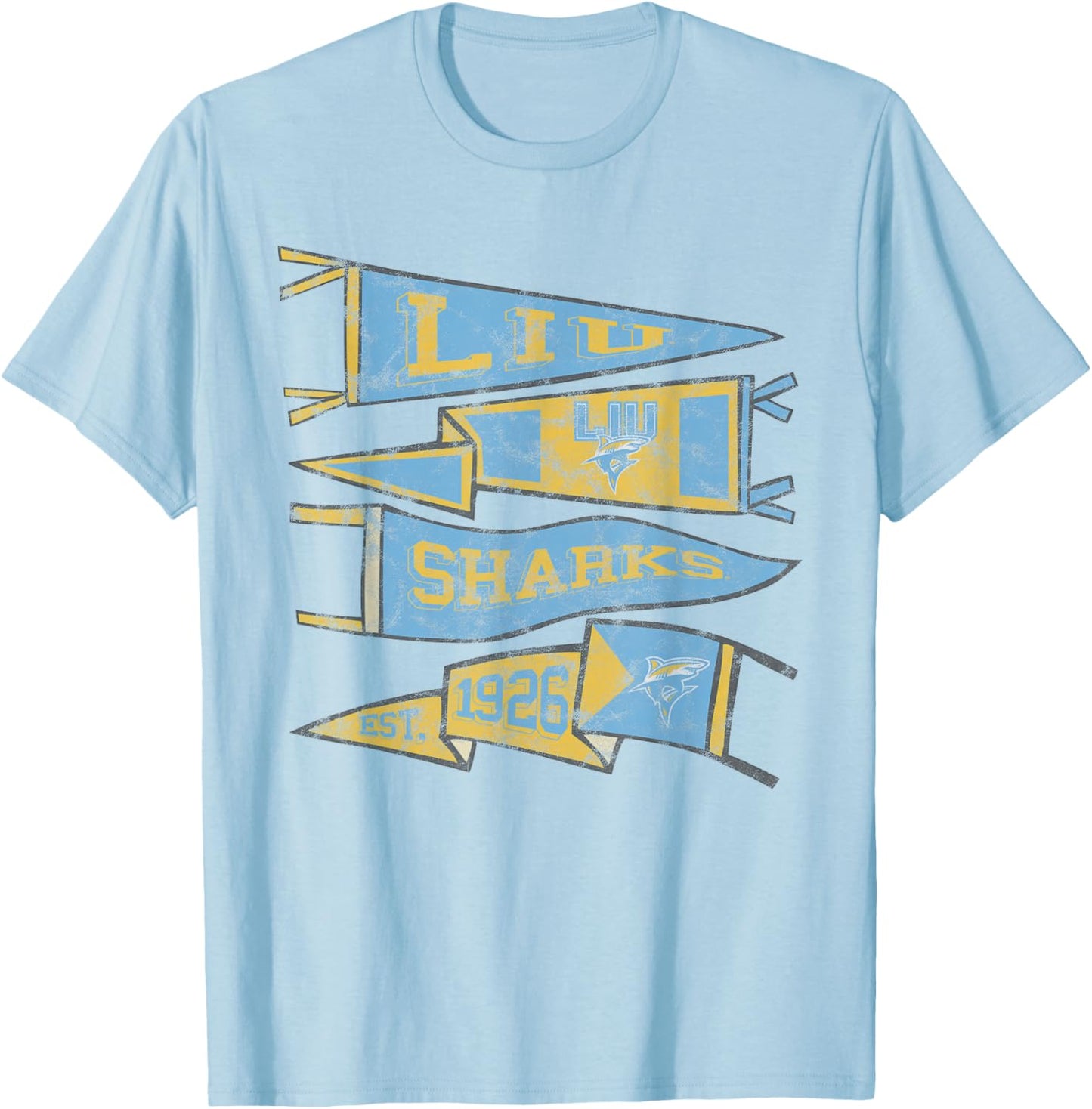 Long Island University LIU Blackbirds Distressed Pennants T-Shirt - T-Shirt | Light Blue