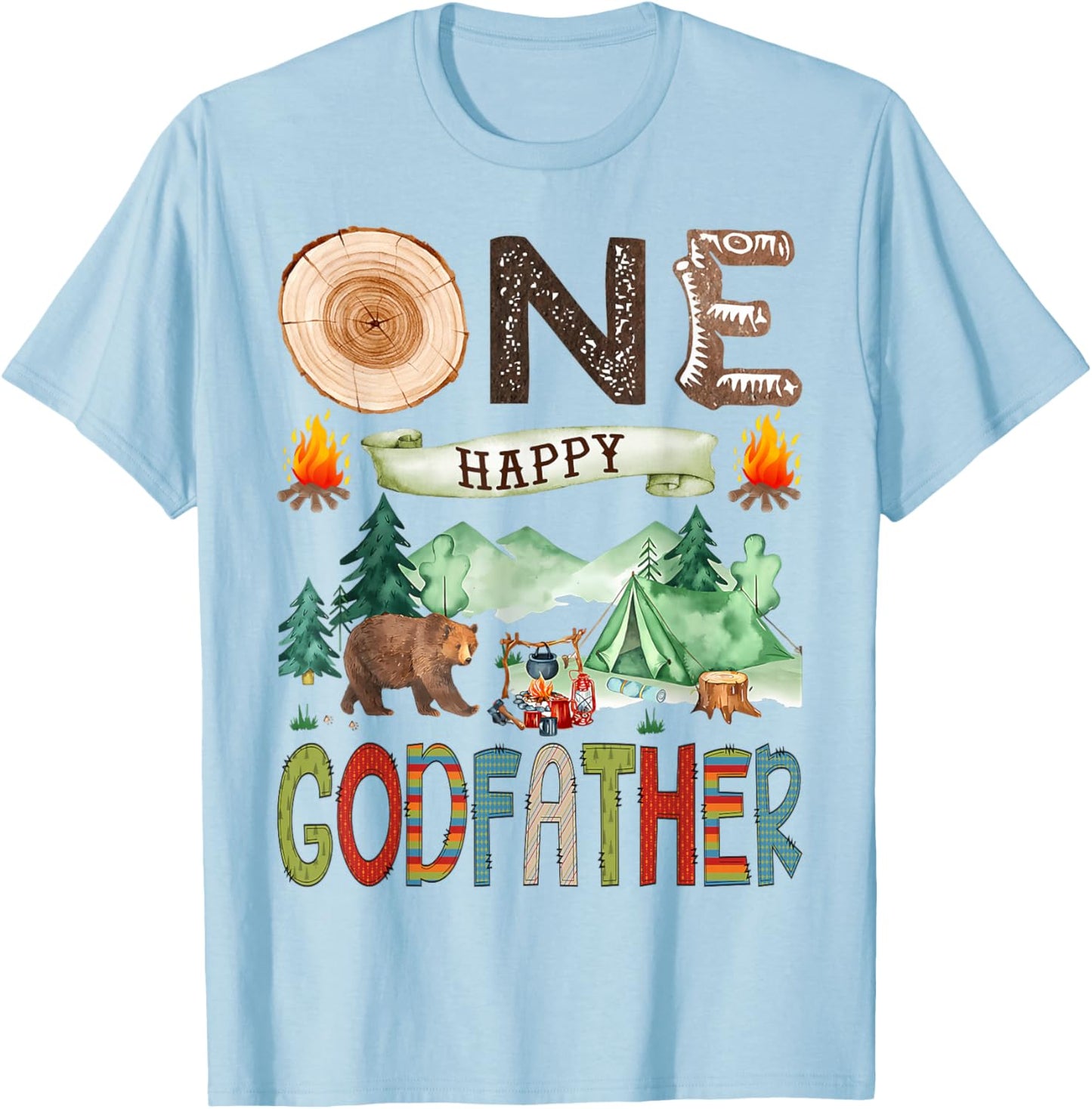 One Happy Godfather Camper 1st Birthday Boy Camping Bear T-Shirt - T-Shirt | Light Blue