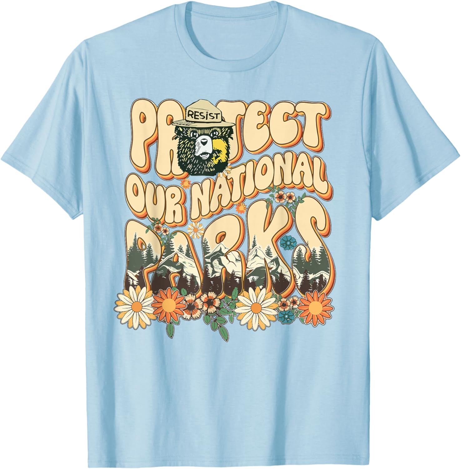 Floral Protect Our National Parks Retro Nature Conservation T-Shirt - T-Shirt | Light Blue