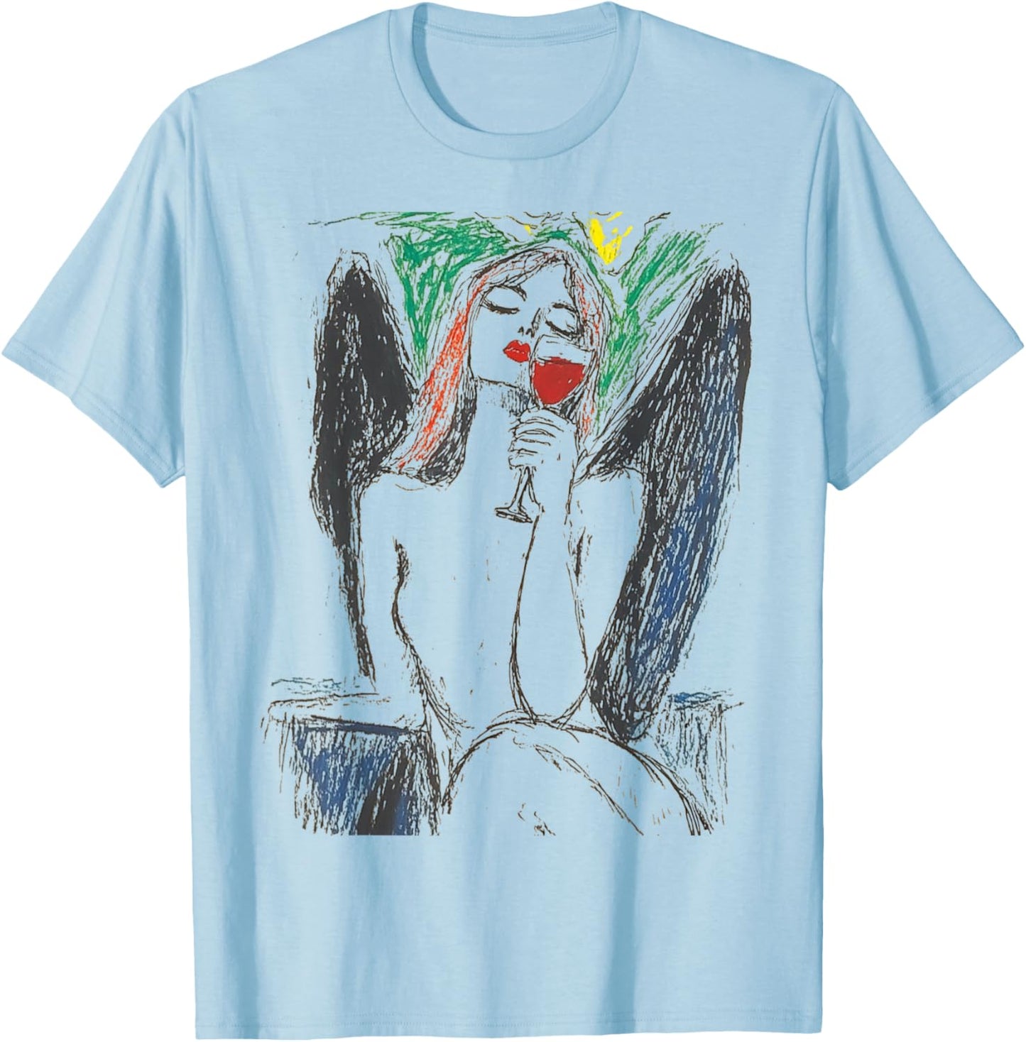 Women's Fashion Design With An Angel Drinking Wine T-Shirt - T-Shirt | Light Blue
