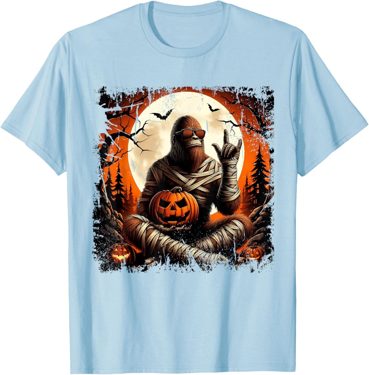 Spooky Sasquatch Bigfoot Mummy Halloween Jack O Lantern T-Shirt - T-Shirt | Light Blue