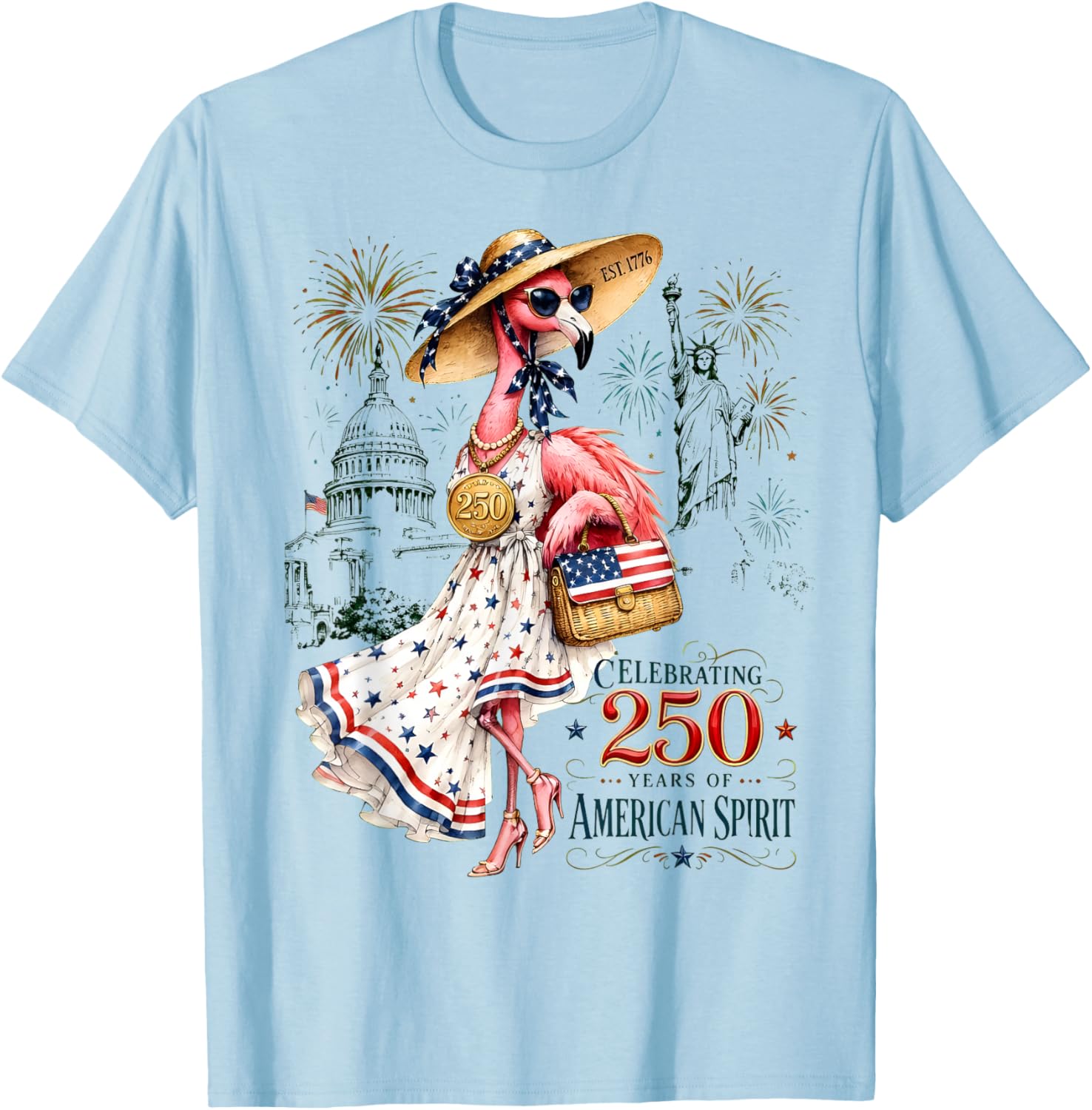 Patriotic Flamingo 250 Years Celebrating American Spirit T-Shirt - T-Shirt | Light Blue