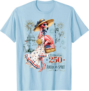 Patriotic Flamingo 250 Years Celebrating American Spirit T-Shirt - T-Shirt | Light Blue