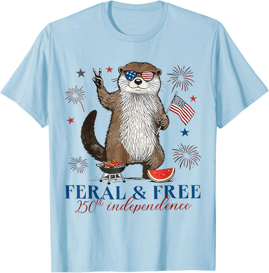 250th Independence 4th of July Shirt Feral and Free Otter T-Shirt - T-Shirt | Light Blue