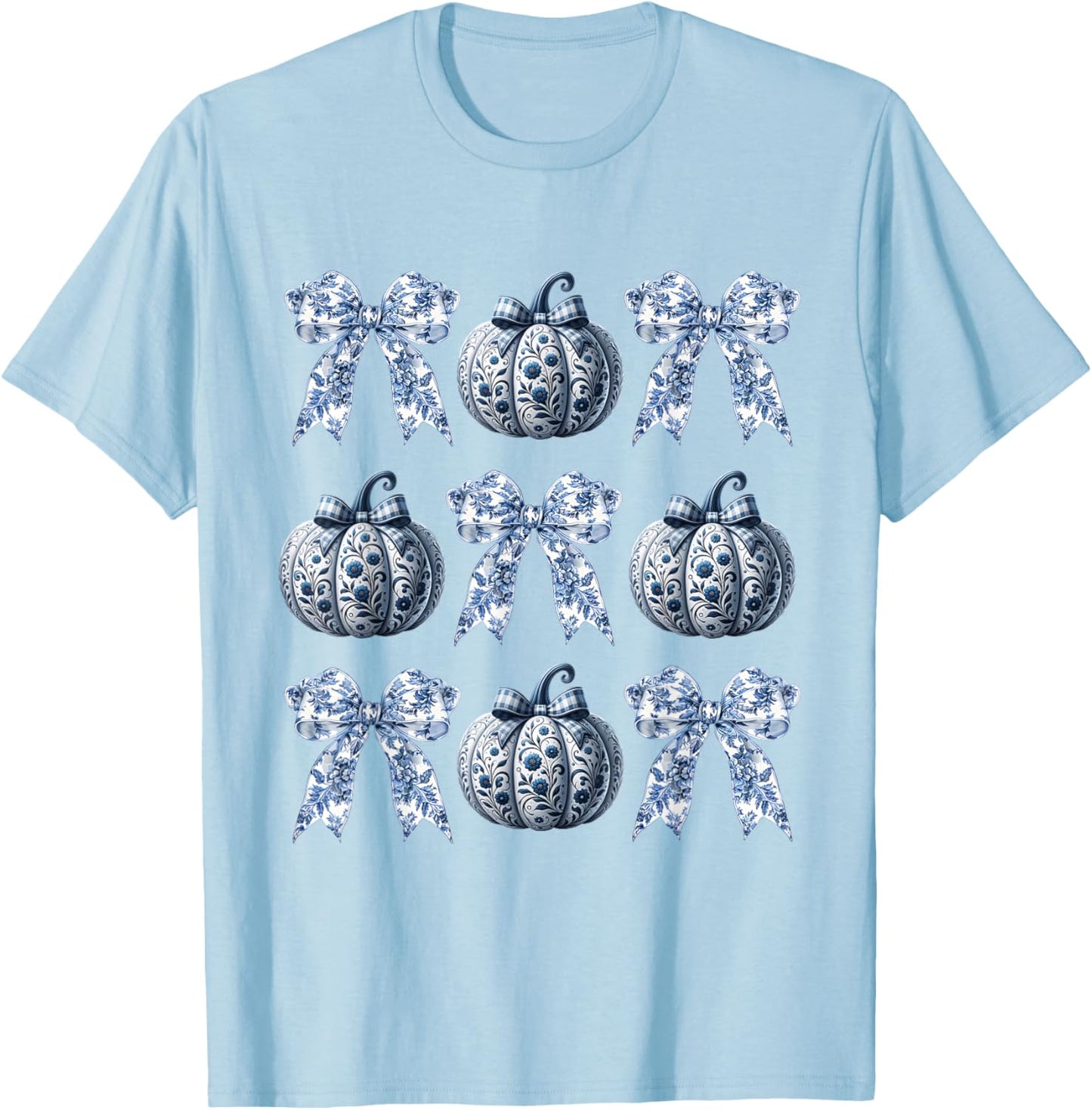Blue and White Pumpkins Chinoiserie With Bow Fall Halloween T-Shirt - T-Shirt | Light Blue