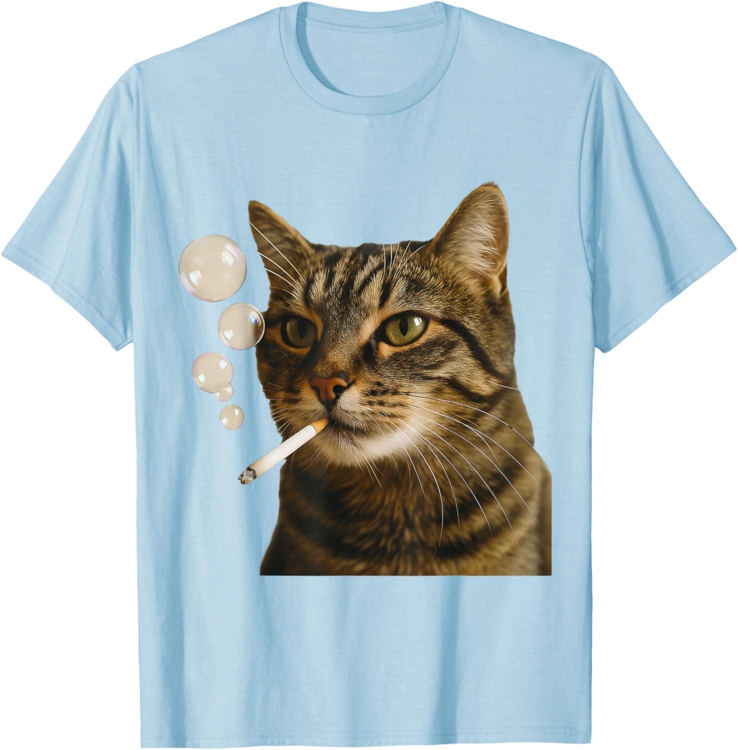 Cat with Cigarette and Bubbles Funny T-Shirt - T-Shirt | Light Blue