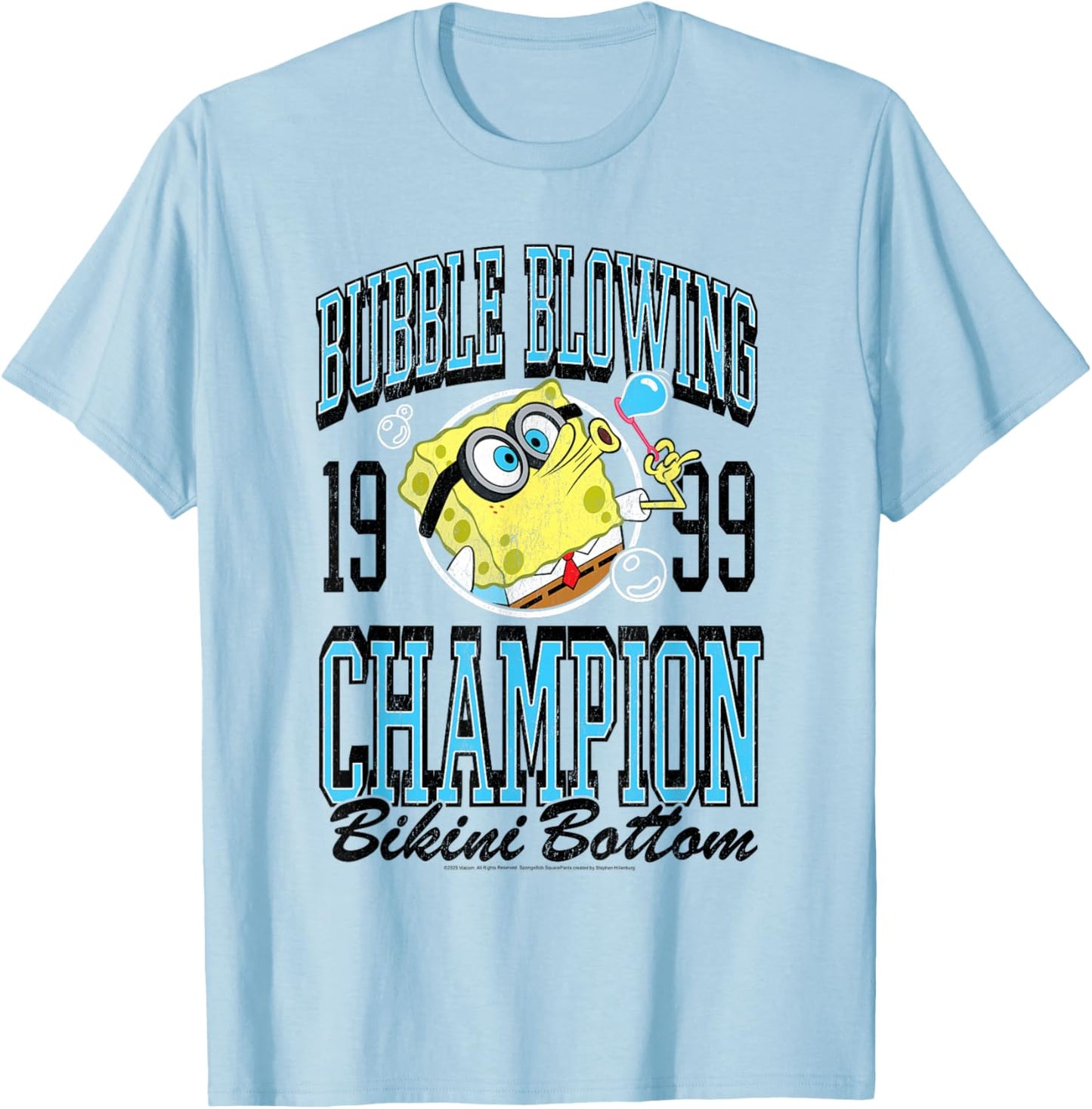 Spongebob Varsity Bubble Blowing Champ 1999 Funny Cartoon T-Shirt - T-Shirt | Light Blue