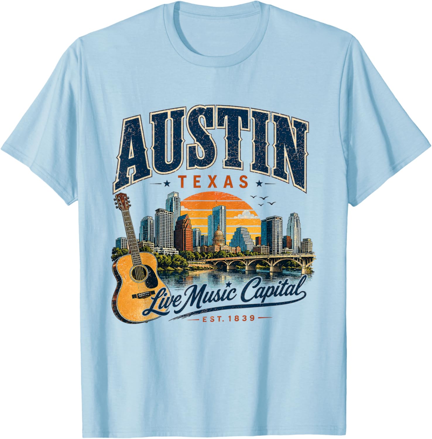 Austin Texas Live Music Capital Vintage Guitar Style T-Shirt - T-Shirt | Light Blue