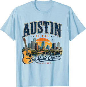 Austin Texas Live Music Capital Vintage Guitar Style T-Shirt - T-Shirt | Light Blue