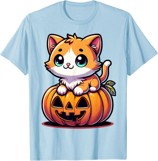 Halloween Cat Funny Fall Pumpkin Cat Lover Cute T-Shirt - T-Shirt | Light Blue