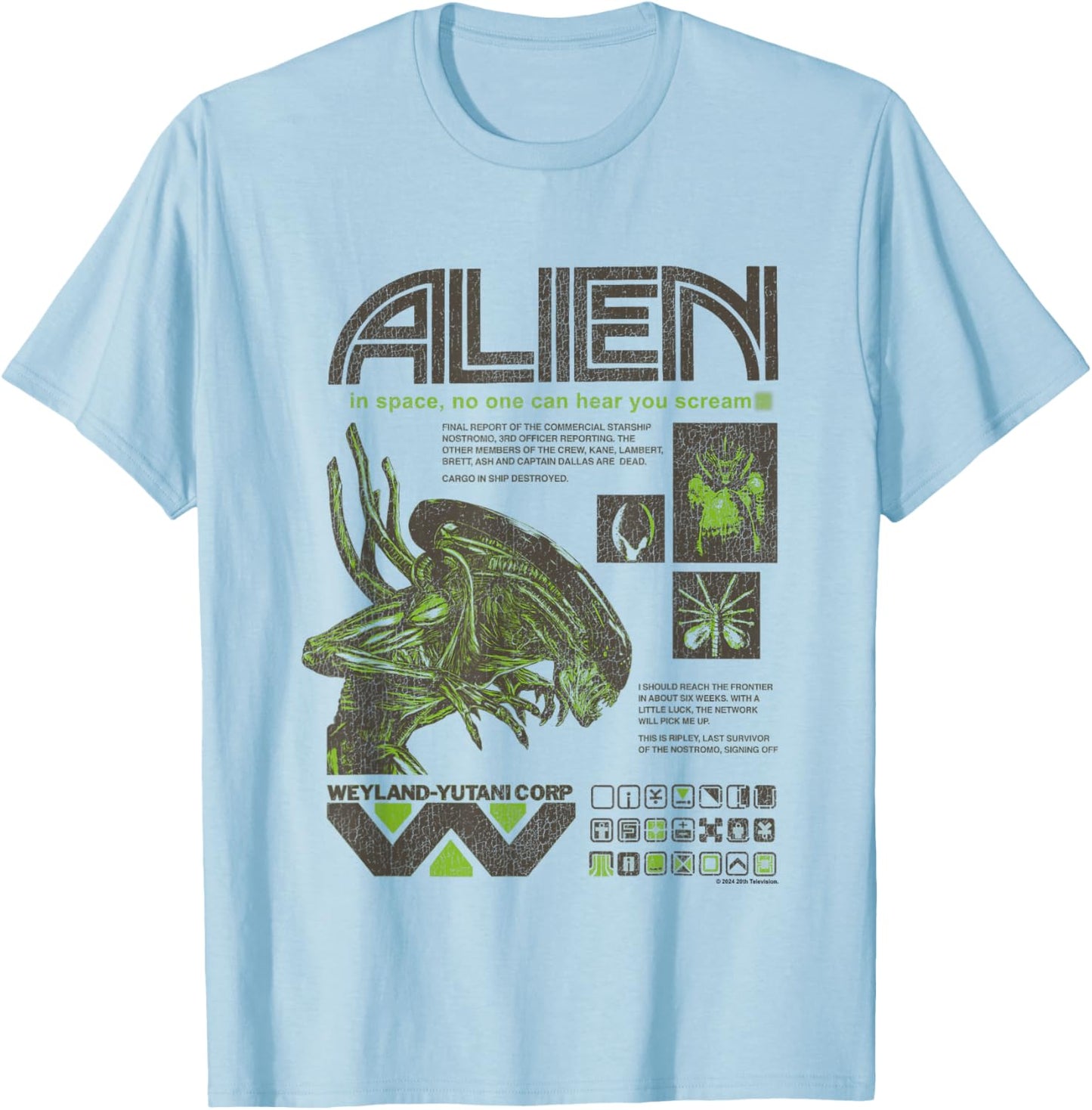 Aliens Iconic Quotes Collage Distressed Big Chest Text Logo T-Shirt - T-Shirt | Light Blue