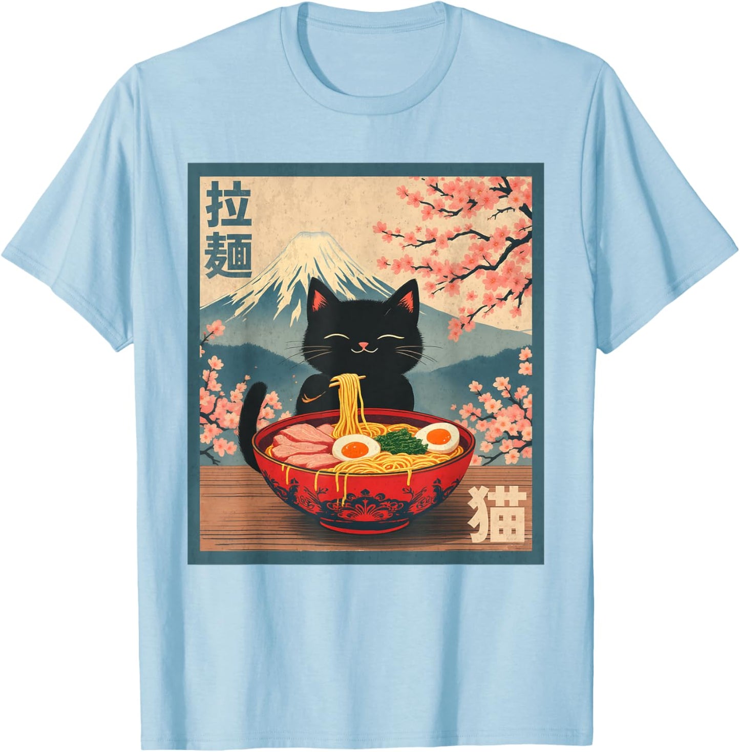 Cat Eating Ramen Anime T-Shirt - T-Shirt | Light Blue