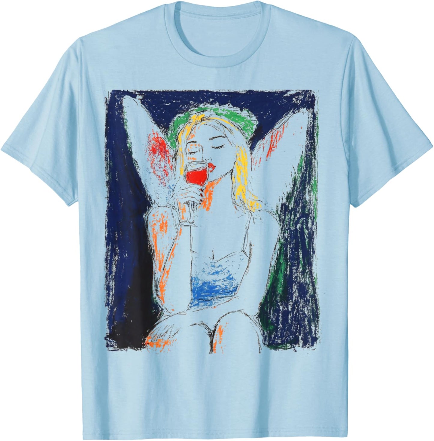 Design With An Angel Drinking Wine T-Shirt - T-Shirt | Light Blue