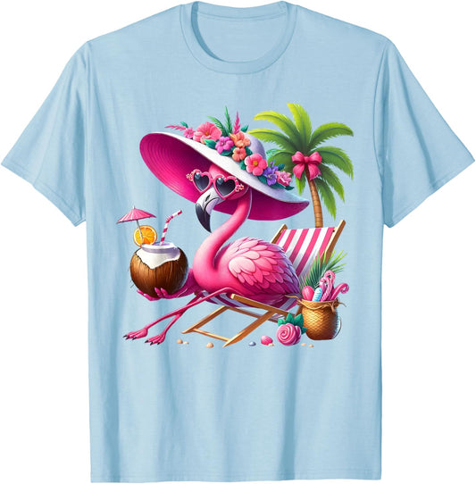 Flamingo Pink Palm Tree Tropical Beach Summer Vacation Women T-Shirt - T-Shirt | Light Blue