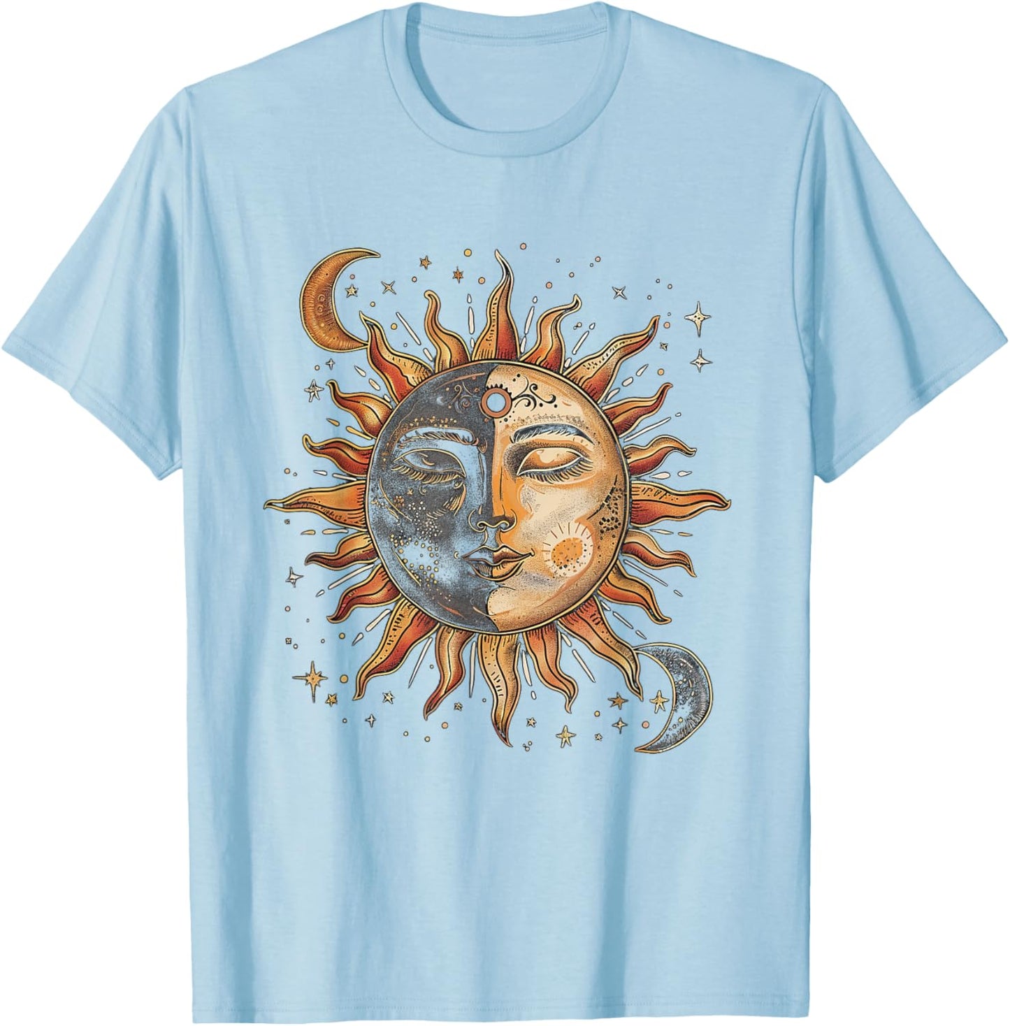 Mystic Sun and Moon Woman Mystical Flowers Aesthetic T-Shirt - T-Shirt | Light Blue