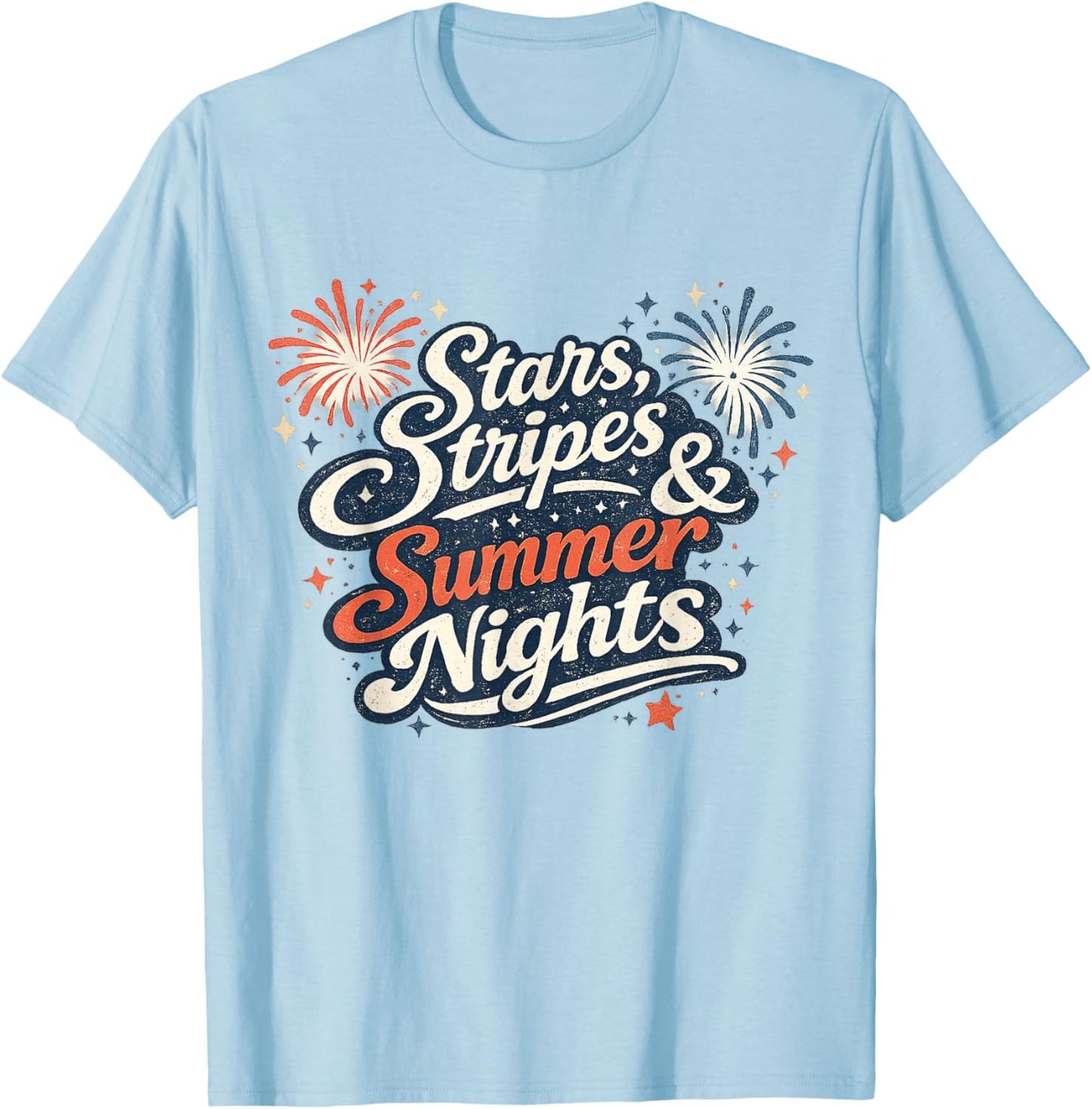 Stars Stripes & Summer Nights Patriotic Retro Graphic T-Shirt - T-Shirt | Light Blue