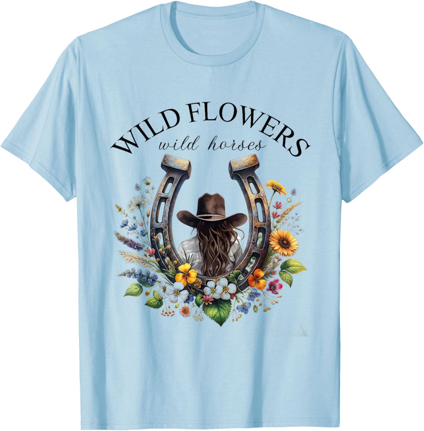 Retro Southern Sunset Cowgirl Wild Flowers - Wild Horses T-Shirt - T-Shirt | Light Blue