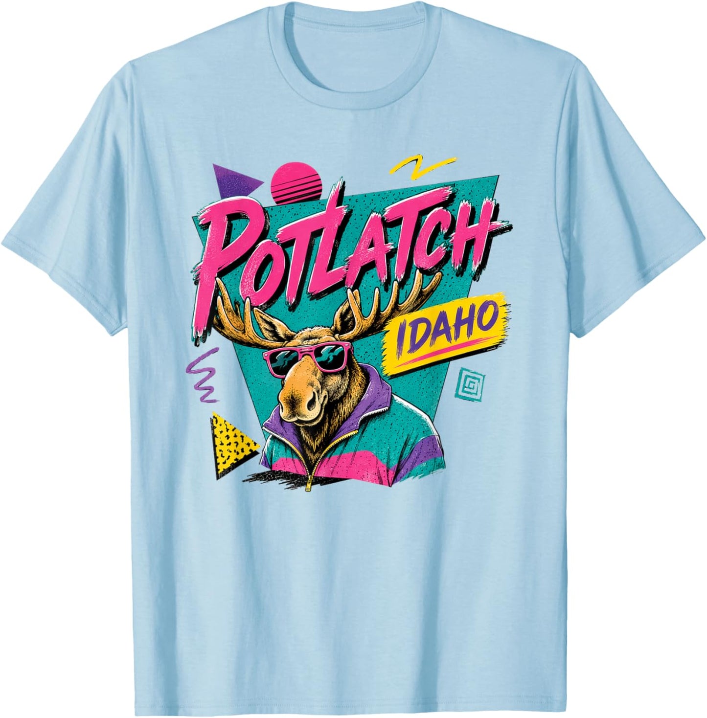 Potlatch Idaho Retro 80s 90s Funky Moose Wearing Sunglasses T-Shirt - T-Shirt | Light Blue
