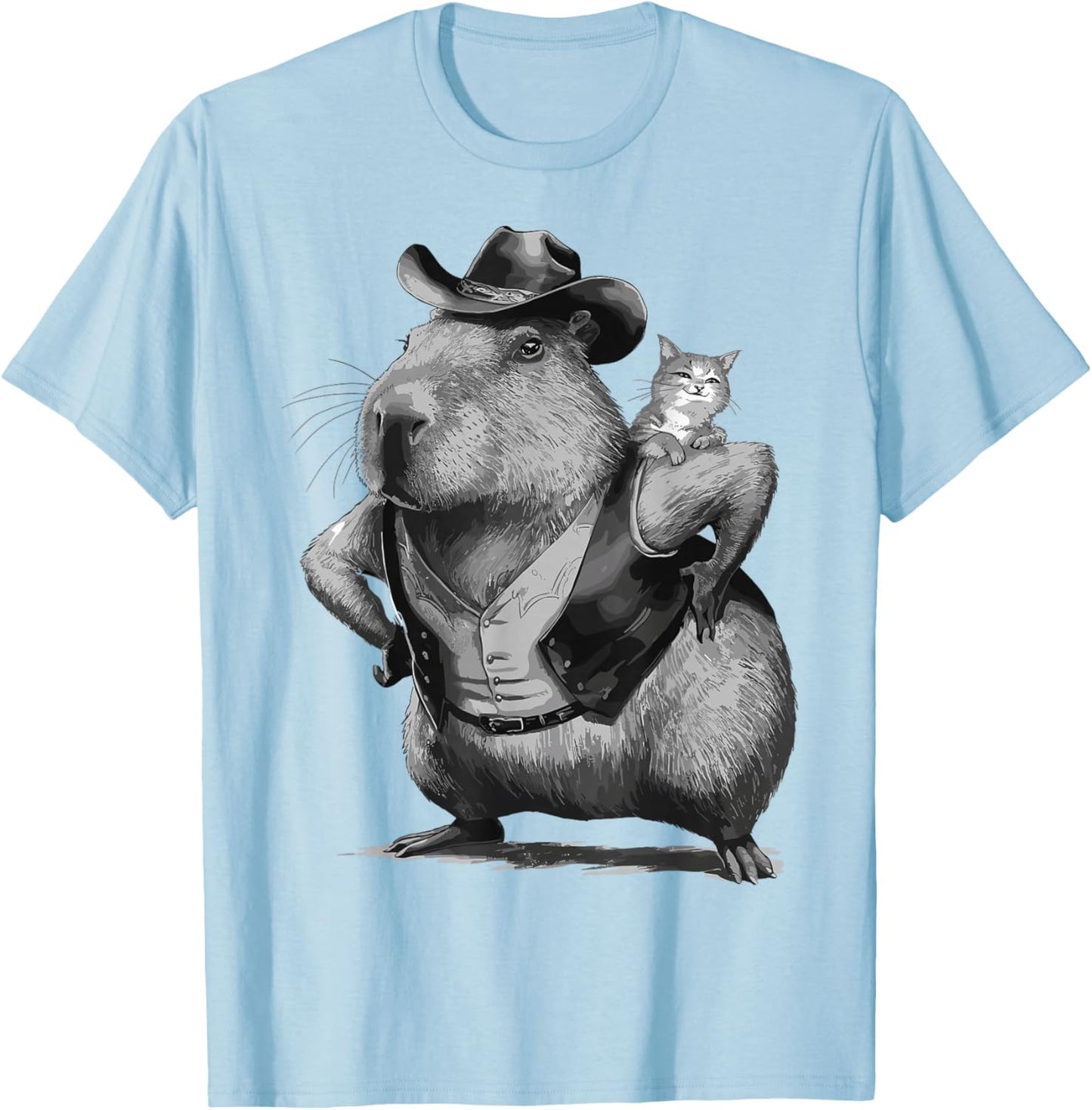 Retro Vintage Cat Riding Capybara Meme Rodent Cowboy Style T-Shirt - T-Shirt | Light Blue
