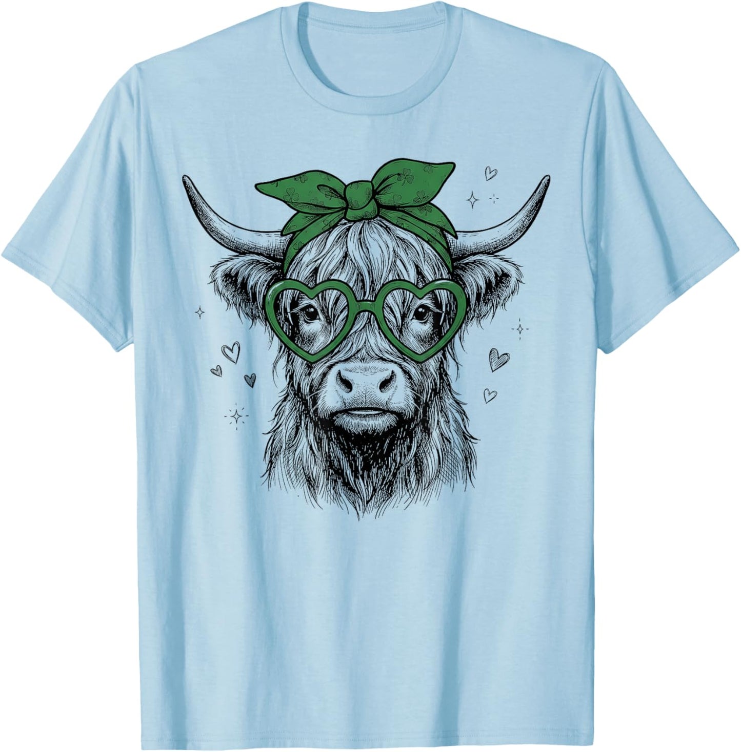 Hand Drawn Highland Cow St Patricks Day Irish Lucky T-Shirt - T-Shirt | Light Blue
