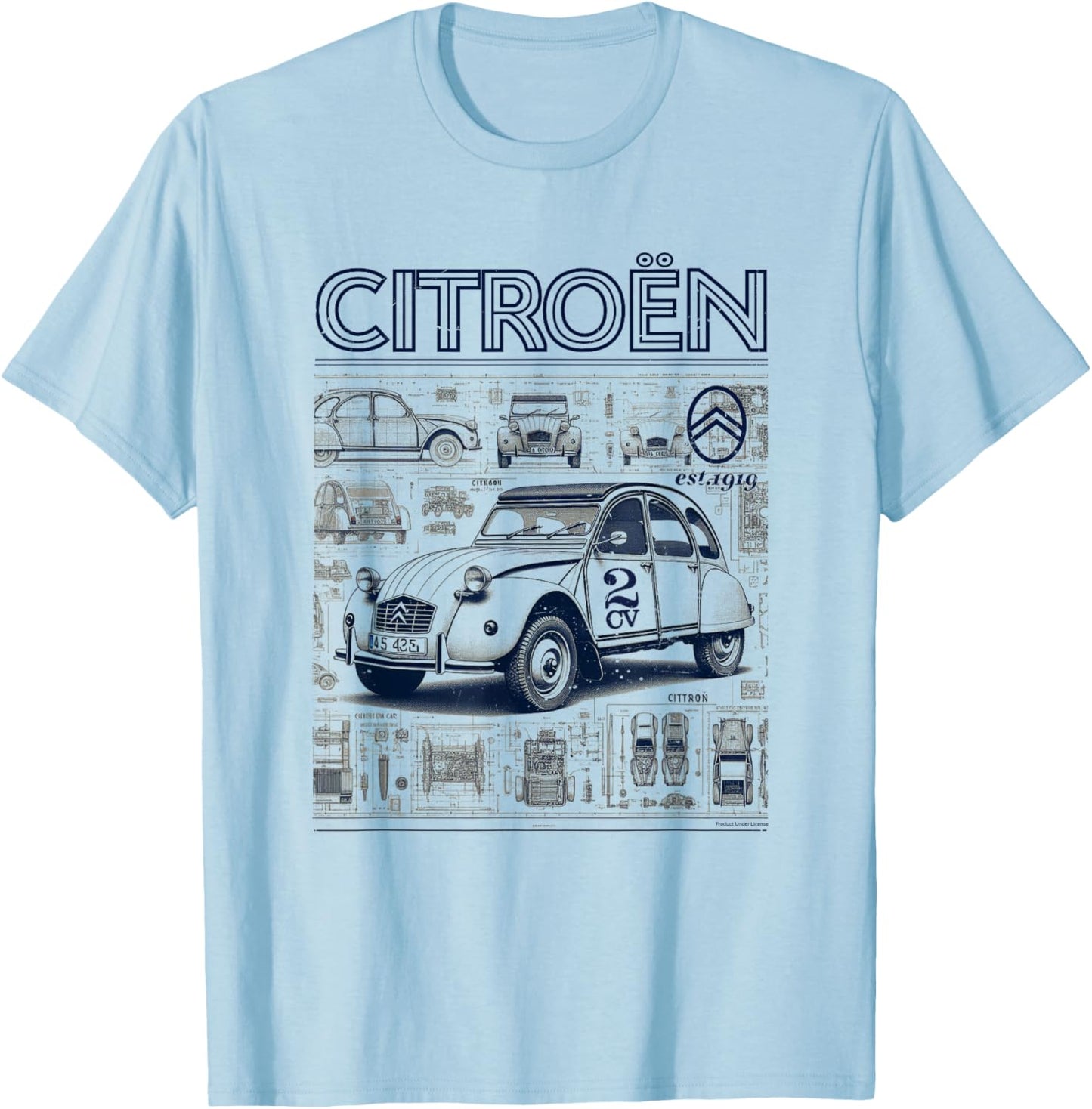 Citroën 2CV Retro Schematics Est 1919 T-Shirt - T-Shirt | Light Blue