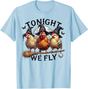 Tonight We Fly - Chicken Witches Hat and Broom T-Shirt - T-Shirt | Light Blue