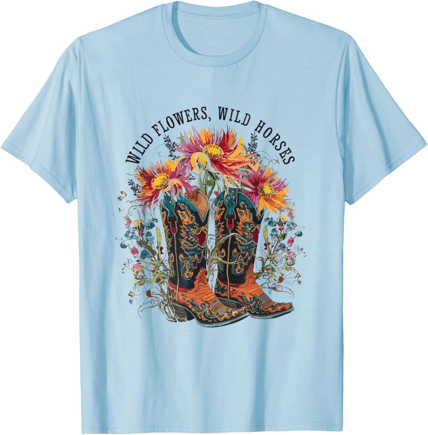 Wild Flowers - Wild Horses Cowgirl Boot Western Flower T-Shirt - T-Shirt | Light Blue