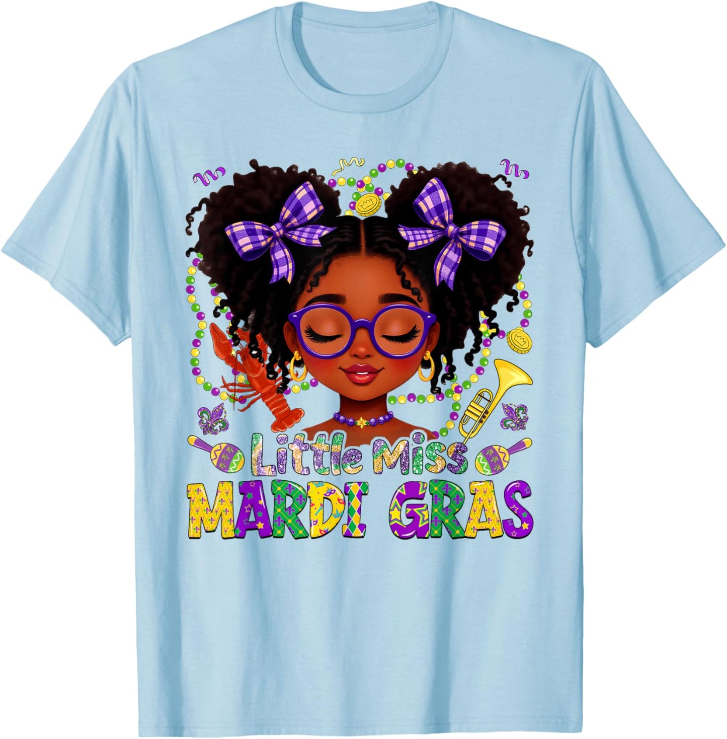 Little Miss Mardi Gras Afro Messy Bun New Orleans Girls Kids T-Shirt - T-Shirt | Light Blue