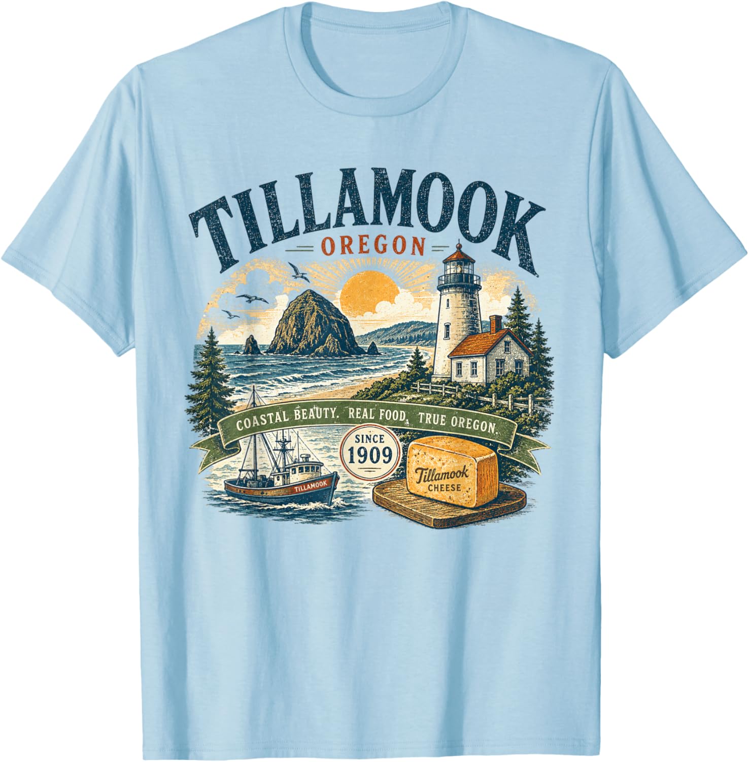 Tillamook Oregon Coastal Beauty - Vintage Retro Illustration T-Shirt - T-Shirt | Light Blue