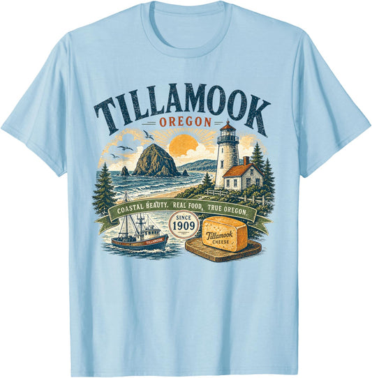 Tillamook Oregon Coastal Beauty - Vintage Retro Illustration T-Shirt - T-Shirt | Light Blue