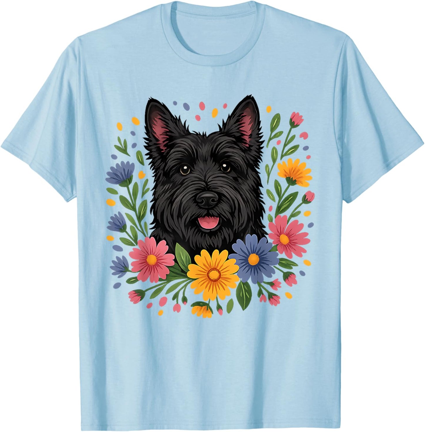 Floral Scottish Terrier Colorful Spring Flowers Wildflowers T-Shirt - T-Shirt | Light Blue
