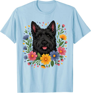 Floral Scottish Terrier Colorful Spring Flowers Wildflowers T-Shirt - T-Shirt | Light Blue