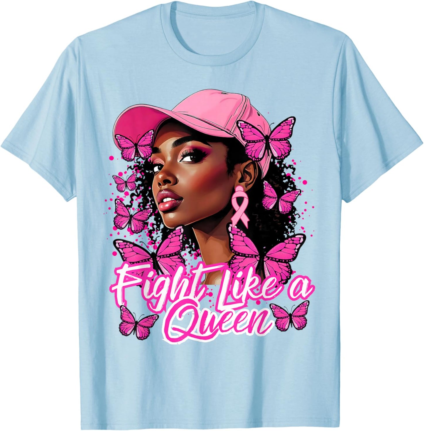 Black Afro Women Butterflies Breast Cancer Awareness Support T-Shirt - T-Shirt | Light Blue
