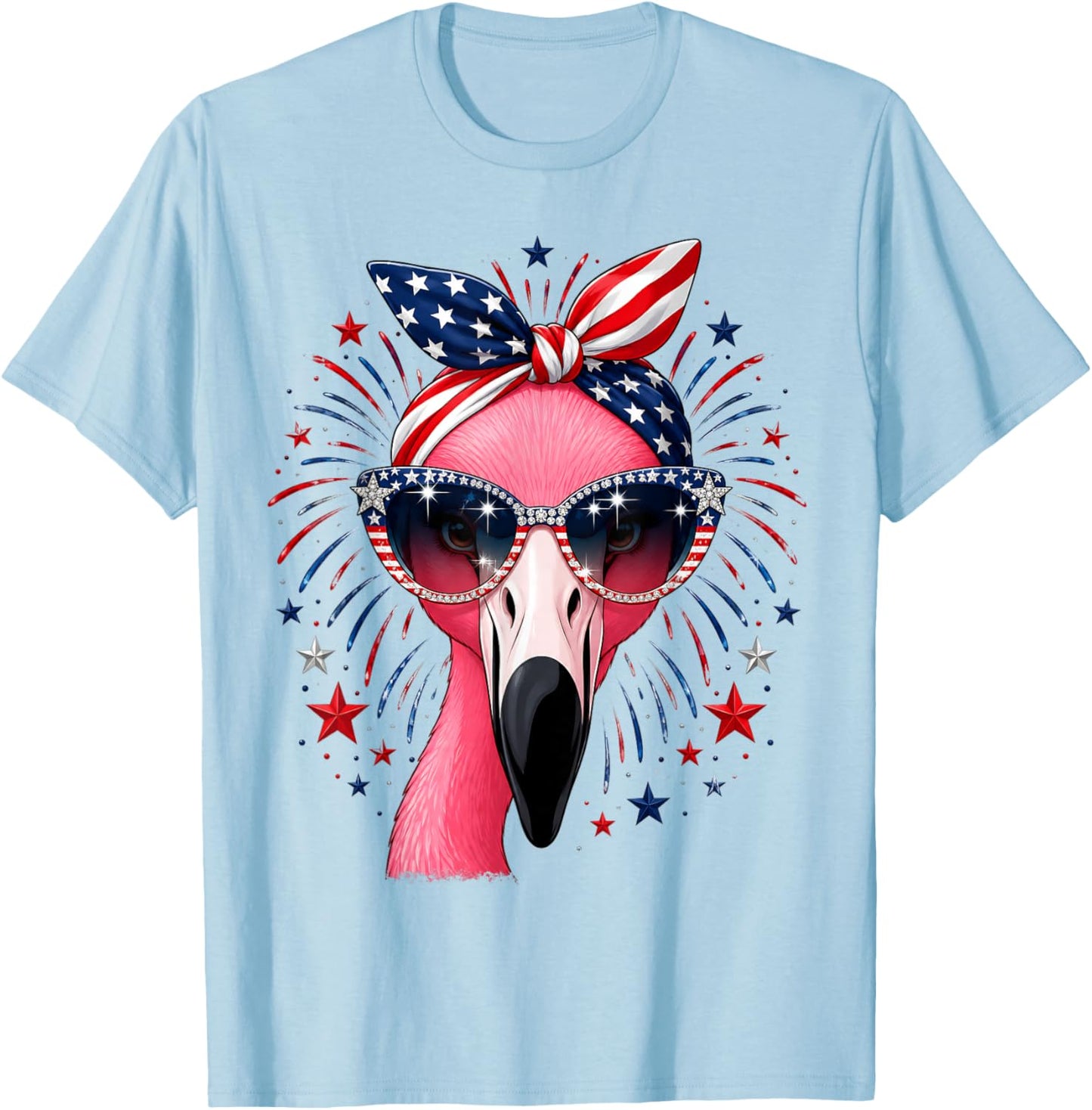 Patriotic Flamingo 4th of July USA American Flag Animal T-Shirt - T-Shirt | Light Blue